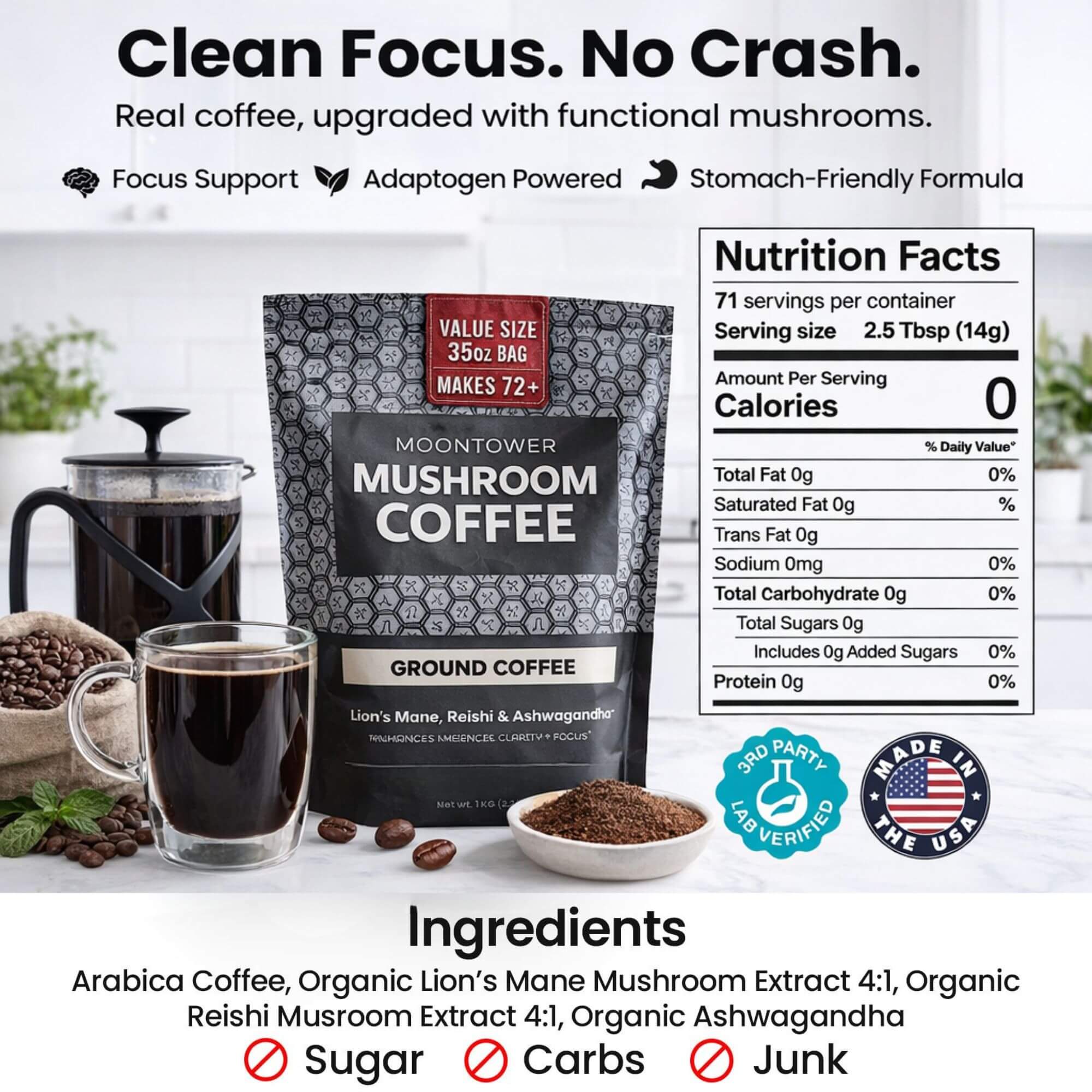 Adaptogen Mushroom Coffee – Arabica + Lion's Mane & Ashwagandha