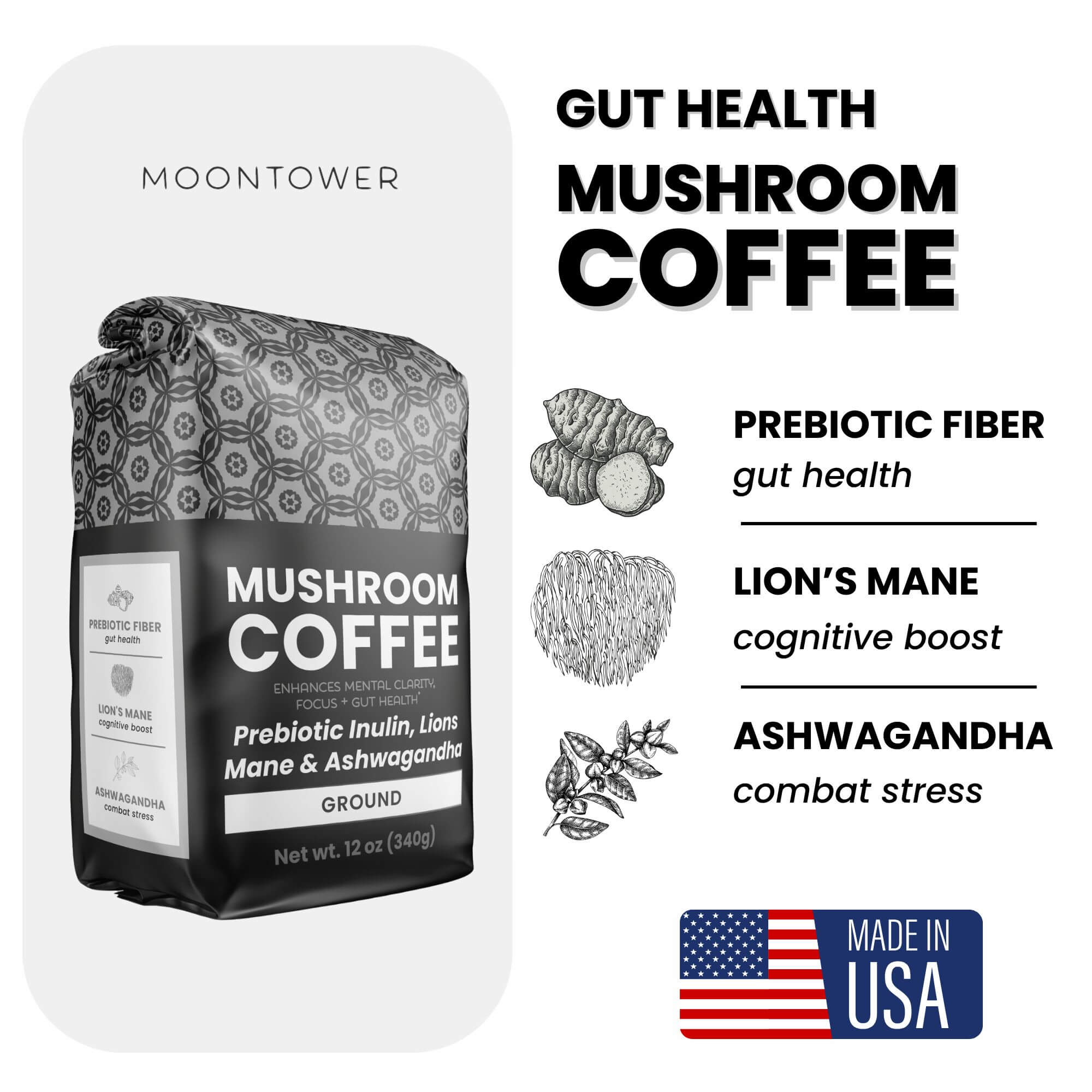 Gut Health Mushroom Coffee Blend | Prebiotic Fiber & Ashwagandha