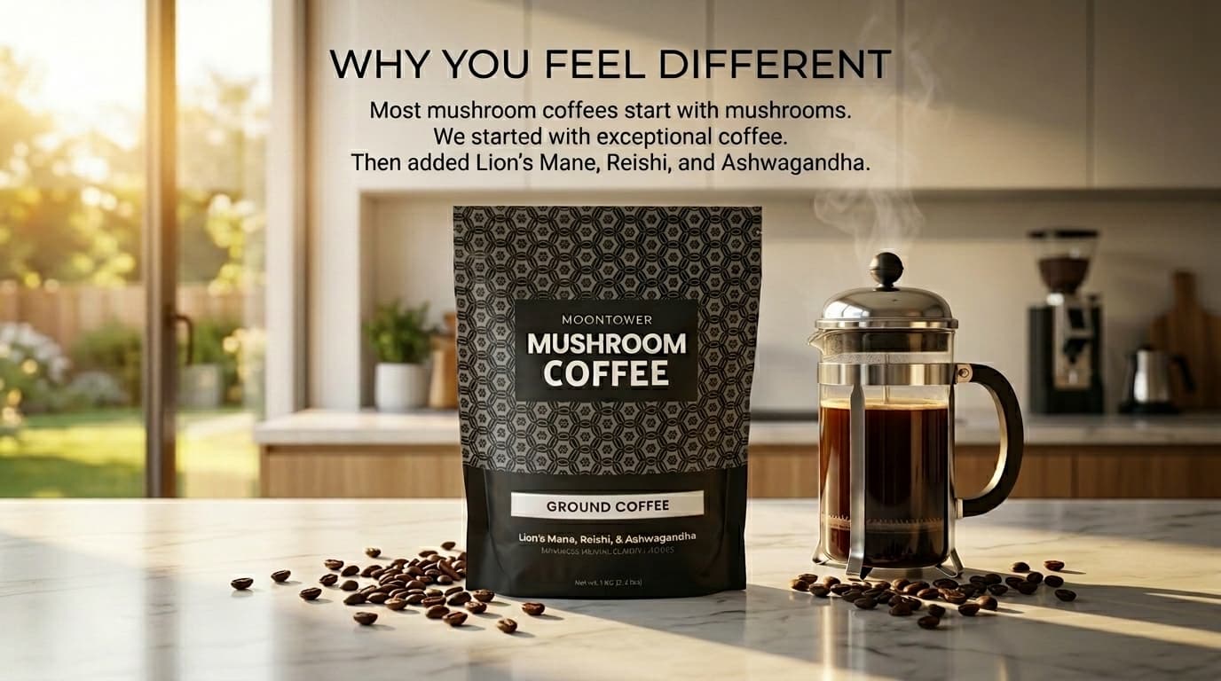 Moontower mushroom coffee ground coffee bag with French press and coffee beans in a bright kitchen