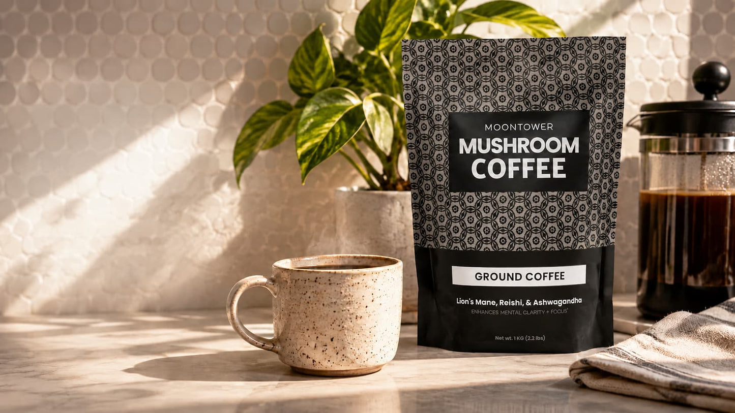 Moontower Mushroom Coffee bag with fresh coffee and French press