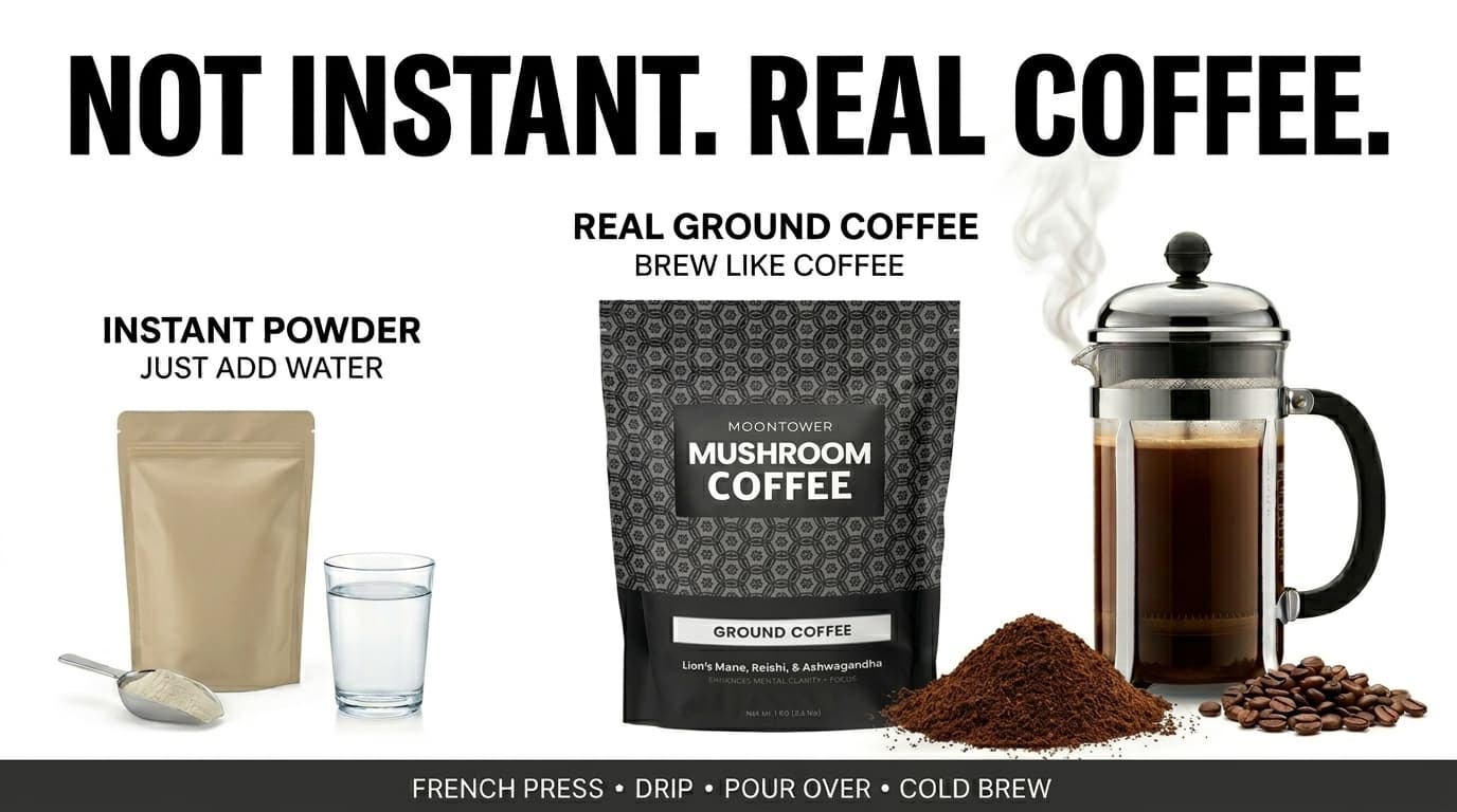 Moontower mushroom coffee with packaging compared to instant powder, and brewing methods.