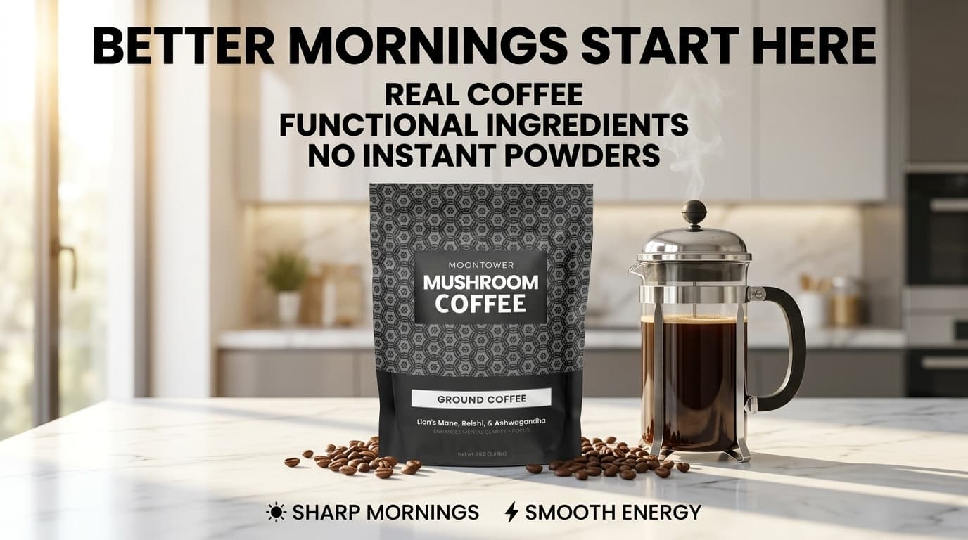 Moontower mushroom coffee made with Lion's Mane, Reishi and Ashwagandha featuring real ground coffee, smooth energy and sharp mornings without instant powders.