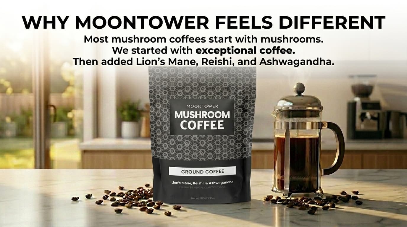 Moontower mushroom coffee made with Lion's Mane, Reishi and Ashwagandha, showing how real ground coffee creates a different mushroom coffee experience.